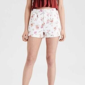 American Eagle White Pink Floral Mom Denim Shorts High Rise Size 2